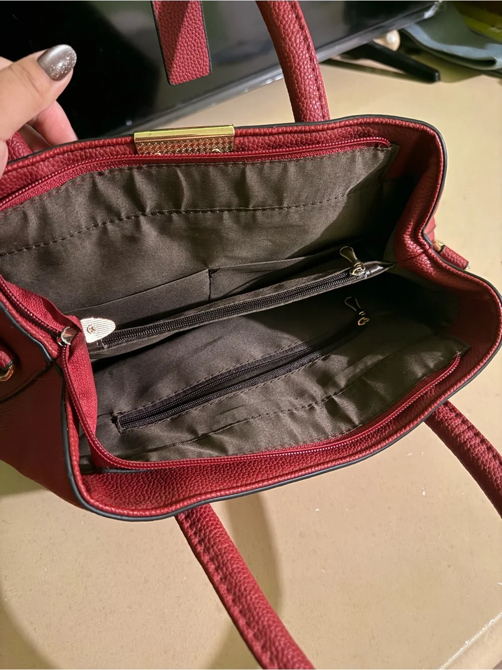 Red Pebbled Satchel with Gold Hardware
